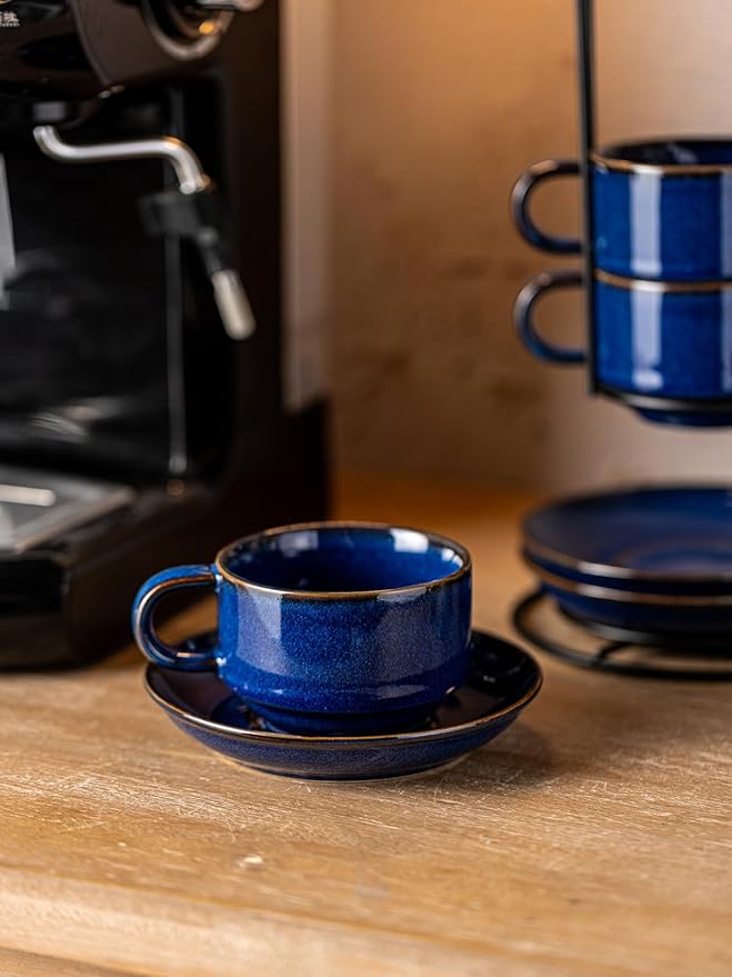 Gomakren 6 Ounce Cappuccino Cups with Saucers and Metal Stand, Stackable Coffee Cup Set of 4, Porcelain Espresso Cups for Coffee Drinks, Cappuccino, Latte, Americano, Tea, Cobalt Blue