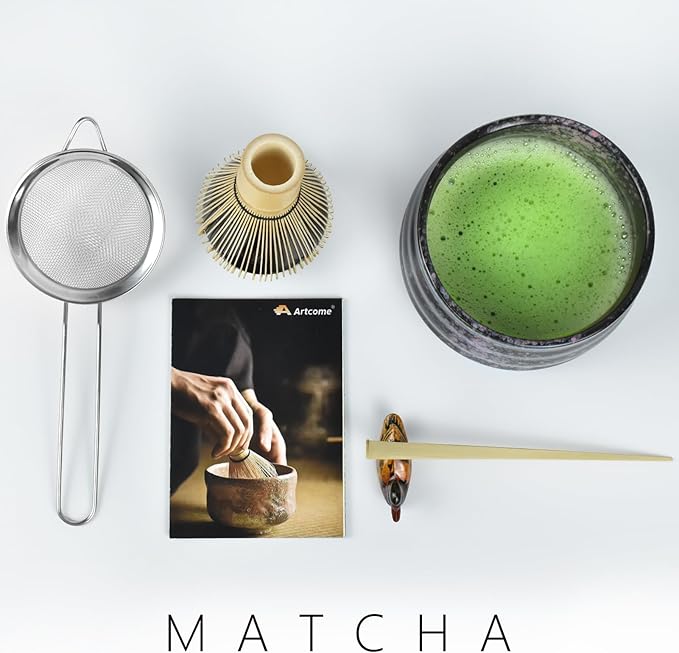 Artcome Matcha Ceremony Kit for Japanese Tea Ceremony, Traditional Matcha Bowl, Whisk, Tea Scoop, Matcha Powder Strainer, Matcha Tea Set For Making Usucha, Koicha and Matcha Latte (Black)
