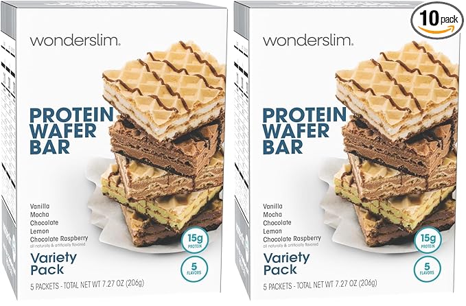 WonderSlim Protein Wafer Snack Bar, Variety Pack, 15g Protein, 5 Flavors, 0mg Cholesterol (5ct) (Pack of 2)