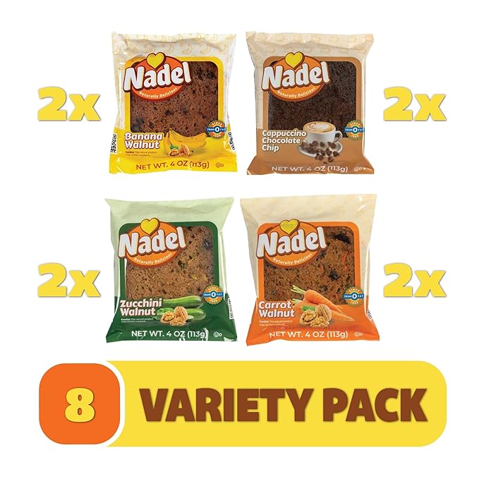 Nadel - Naturally Delicious Sweet Breads Variety Pack (Banana Walnut, Cappuccino Chocolate Chip, Carrot Walnut, Zucchini Walnut). (8 Pack, 2 Breads Per Flavor)