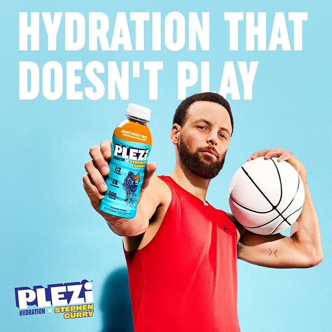 PLEZi Orange Mango Twist Hydration Drink x Stephen Curry - Sports Drinks with 2X Electrolytes - 500mg Potassium, Low Sugar, No Added Sugar - For Kids & Adults - 16.9 Fl Oz (12 Pack)
