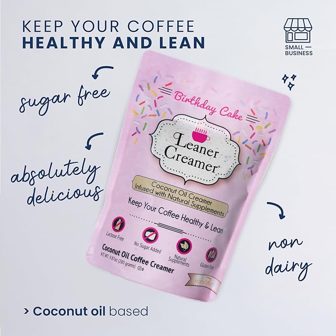 Leaner Creamer Coconut Creamer with Superfood Ingredients – Non-Dairy, Sugar-Free, Keto, Gluten-Free Powdered Coffee Creamer – Birthday Cake – 280g
