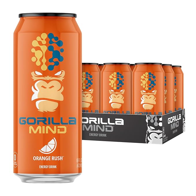 Gorilla Mind Energy Drink | Unmatched Energy · Amplified Focus | N-Acetyl-L-Tyrosine, Alpha-GPC, 200mg Caffeine, Uridine, Saffron | 0 Sugar Or Artificial Colors | 16oz, 12-Pack (Orange Rush)