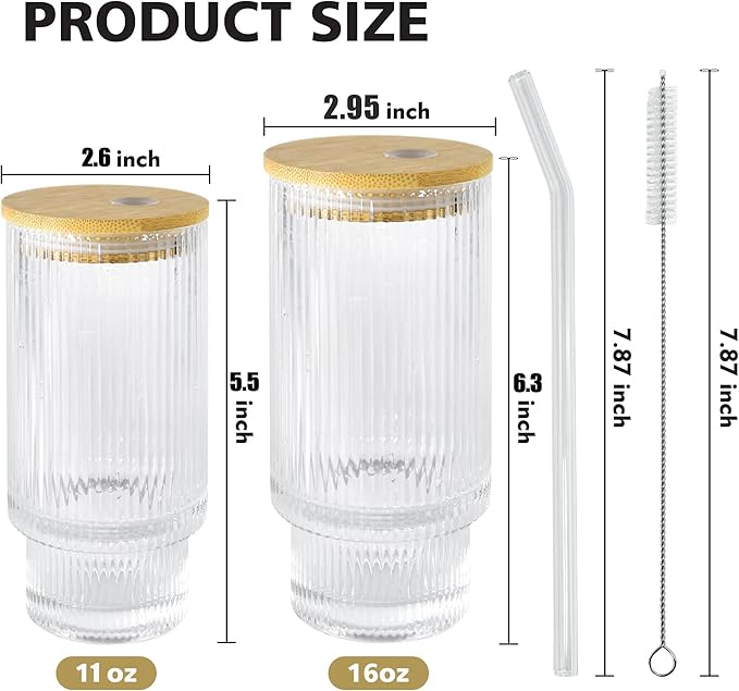 16oz Drinking Glasses Cups Set of 2 with Bamboo Lids Straws Brush Vintage Glassware Set for Mojito Iced Coffee Beer Cocktail Whiskey(Ribbed & Hobnail)