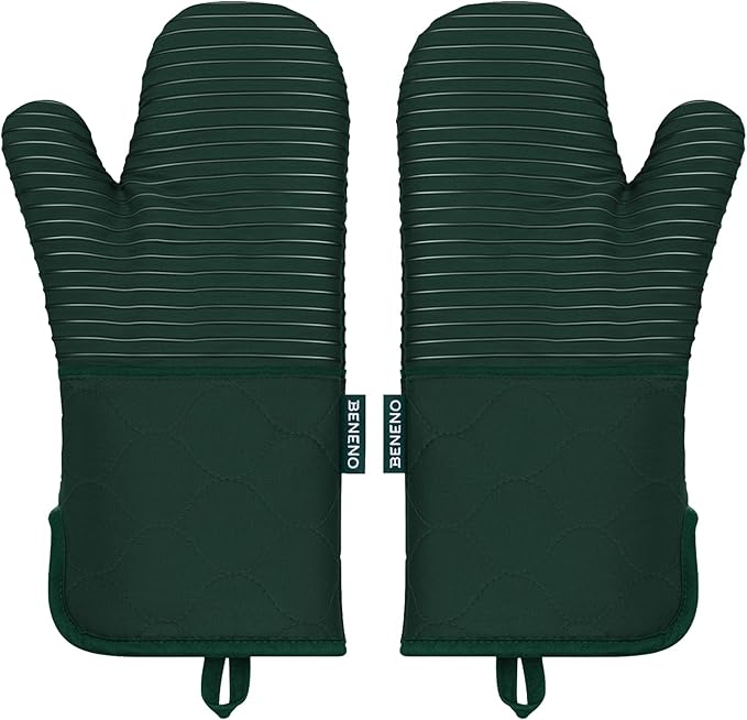 Beneno Kitchen Oven Mitts 2-Pack Heat Resistant to 500°F with Non-Slip Silicone Grip, Extra Long 14.3" Forearm Protection, Soft Quilted Cotton Terry Lining, Ideal for Cooking, Baking, Grilling, Green