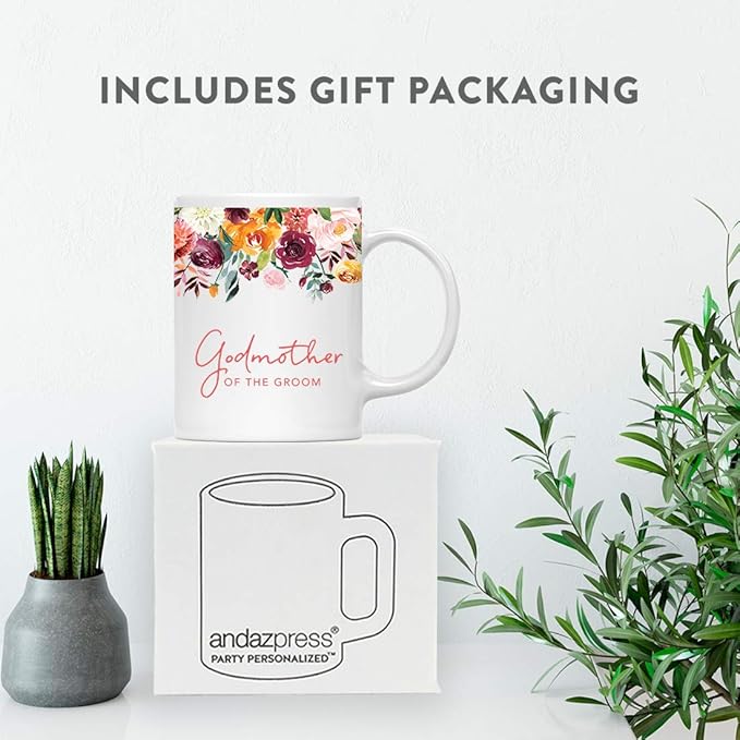 Andaz Press 11oz. Wedding Ceramic Coffee Tea Mug Gift, Fall Autumn Burgundy Orange Peach Flowers Roses Florals, Godmother of the Groom, 1-Pack, Includes Gift Box