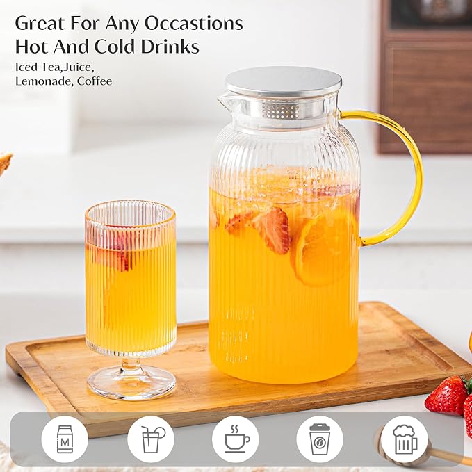 INSETLAN 68 Oz/2L Glass Pitcher with Lid and Spout, Ribbed Glass Jugs with Handle, Hot & Cold Water Pitcher for Iced Tea, Juice, Lemonade - Modern Glass Carafe for Fridge or Table (Pack of 2)