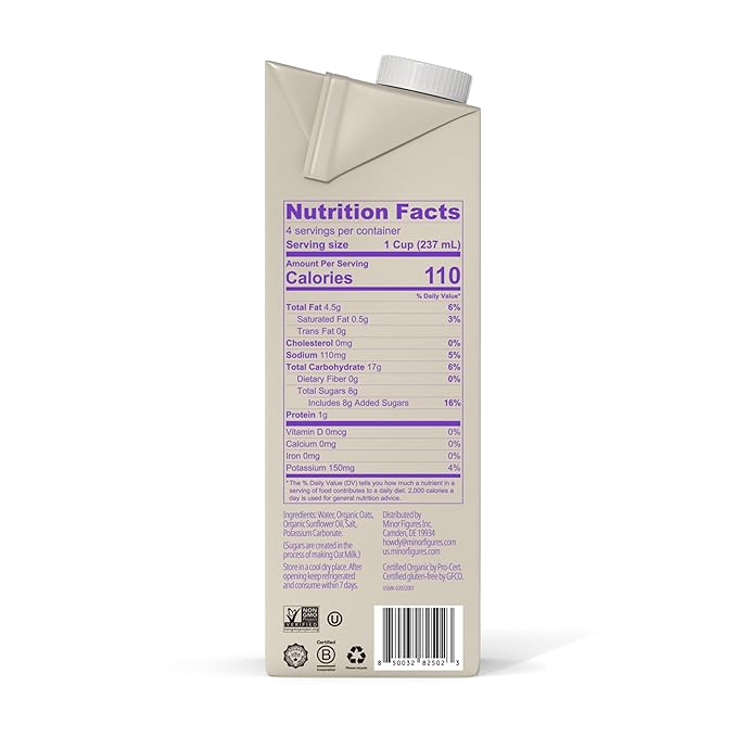 Minor Figures - Oat Milk - Organic - Barista Standard - 32 Oz - 6 Pack - Non Gmo - Plant Based - Vegan - Dairy Free - Shelf Stable - Unsweetened