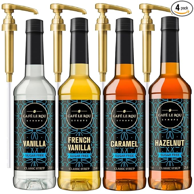 "NEW" Café Le Rou Coffee Syrup Sugar Free Variety 25.4oz Vanilla, French Vanilla, Caramel, Hazelnut -(4 Pack)*Includes 4 Coffee Syrup Dispensers*Flavoring Syrup for Coffee, Tea and Espresso