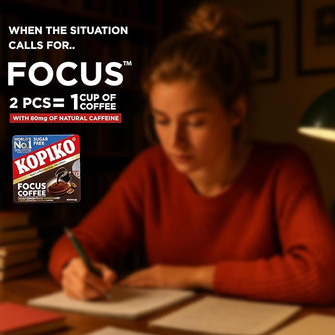 Kopiko Focus Coffee Candy – Have 80mg Caffeine per 2 Pieces for Energy & Mental Focus – Sugar-Free Hard Candy with Real Indonesian Coffee Extract (6 Pack w/4 Candies Each)