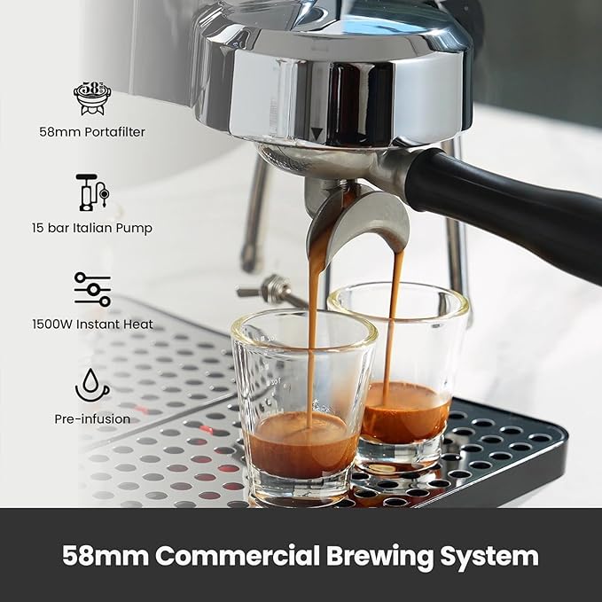 Owl Espresso Machine, 15 Bar Professional Semi-Automatic Espresso Maker with Milk Frother Steam Wand & 57oz Removable Water Tank, Dual Display, for Cappuccino, Latte, G3006, Stainless Steel