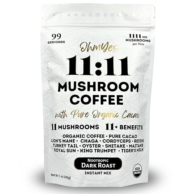 Organic Mushroom Coffee with Cacao – 11x Adaptogenic Mushrooms for Focus, Clarity & Energy – Lion’s Mane, Reishi, Chaga + Nootropic Superfood by OhmYes (7oz) - 99 Servings