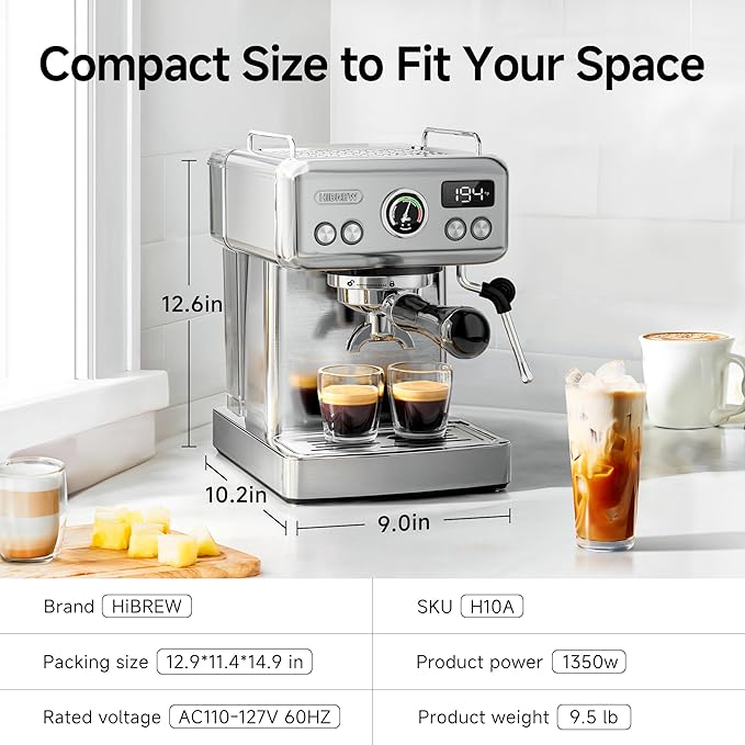 HIBREW H10A - 58mm Espresso Machine, Stainless Steel Body with Milk Frother, Customizable Settings, Smart Display + 20 Bar Pressure Gauge.