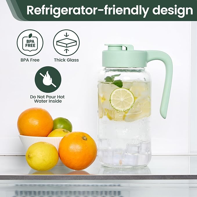 Mason Jar Pitcher - Airtight & Leakproof Glass Pitcher with Lid, Perfect for Breastmilk, Cold Brew, and Sun Tea, 2 Quart (64 oz) Mason Jar with Pour Spout Lid