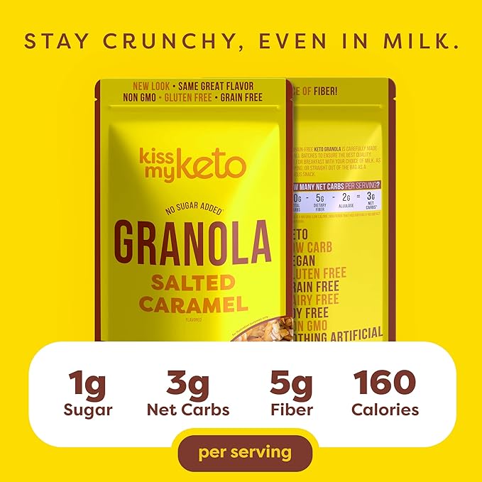 Kiss My Keto Sugar Free Granola, Salted Caramel 2-Pack – Curb Cravings with Few Net Carbs – Allulose Sweetened, Resealable & Gluten-Free Crunchy Clusters – Grain Free Granola Great With Yogurt or Milk