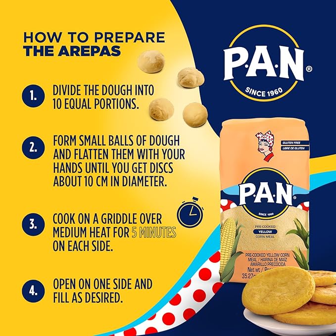 P.A.N. Yellow Corn Meal – Pre-cooked Gluten Free and Kosher Flour for Arepas (2.2 lb/Pack of 4)