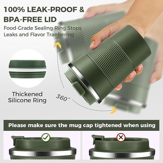 Volhoply 13 oz Stainless Steel Insulated Travel Coffee Mug with Fip Lid Bulk 4 Pack,Reusable Double Wall Vacuum Metal Coffee Cup,Portable Leak Proof Thermal Tumbler for Hot & Cold Drinks(Army Green,4)