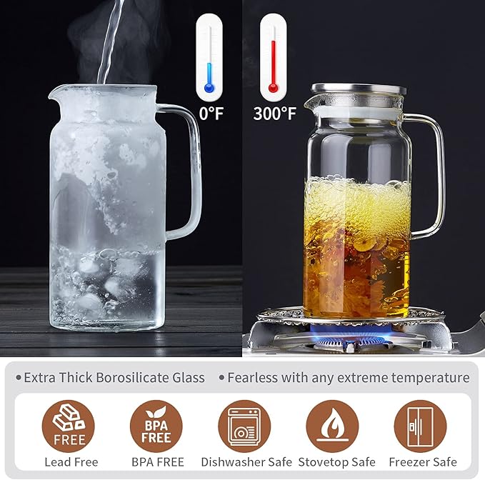 42OZ Glass Pitcher with Lid and Spout, Water Jug, 1250ml Carafe for Hot/Cold Water, Large Iced Tea Pitcher for Coffee, Juice and Homemade Beverage