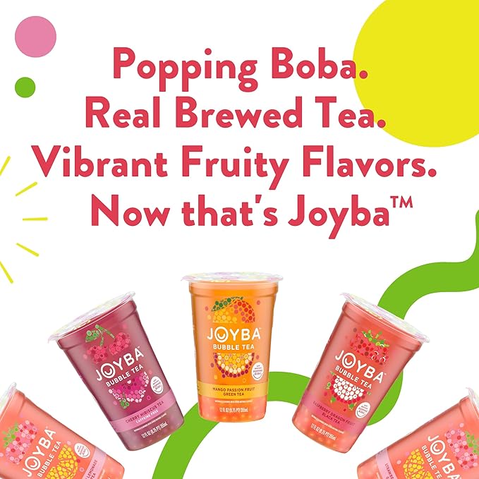 Joyba Bubble Tea Raspberry Dragon Fruit Black Tea with Popping Boba, 6 Pack, 12 fl. oz. Cups