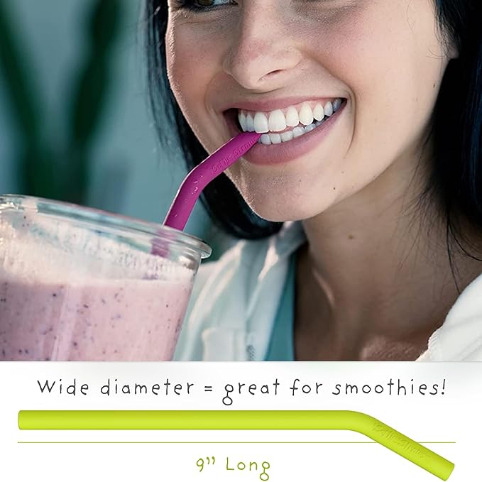 Wide Premium Reusable Silicone Drinking Straws + Patented Straw Squeegee - 9” Long With Curved Bend for 20 30 32 oz Tumblers Non Rubber, Flexible, Safe for Kids/Toddlers, Smoothie