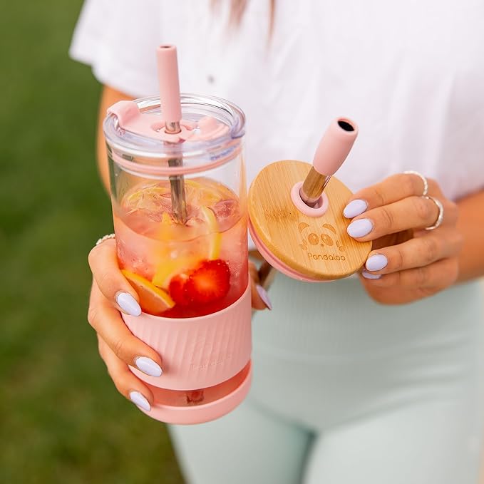 Pandaloo® Glass Cups With Lids and Straws -20 Fl Oz- Perfect Size Iced Coffee Cup - Smoothie Cup With Bamboo Lid and On the go Lid - Glass Tumbler With Straw (1 Count (Pack of 1), Mediterranean Olive)