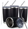COMOOO 20oz Black Tumbler 4 Pack Stainless Steel Insulated Travel Mug with Lid and Straw Vacuum Double Wall Coffee Cup for Hot Beverage and Cold Drinks(Black, 4 Pack)