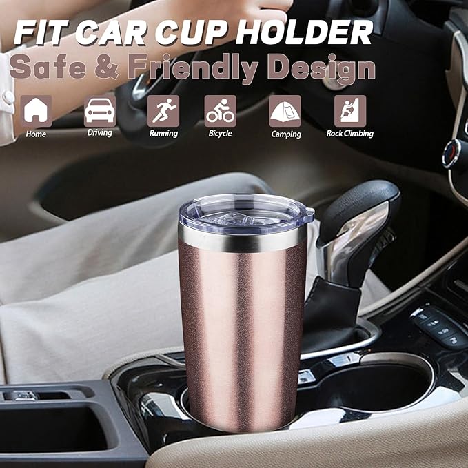 20 oz Tumbler with Lids and Straws, Stainless Steel Insulated Coffee Tumbler, Double Wall Vacuum Insulated Travel Mug Cup, Leakproof Thermal Coffee Cup for Hot and Cold Drinks (Rose Gold)