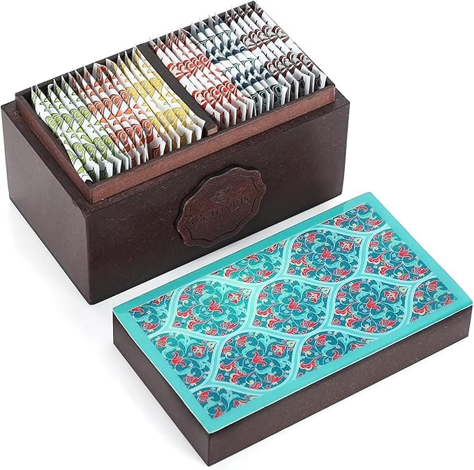 Octavius Assorted Tea Gift Set | 6 Assorted Black & Green Teas | 30 Teabags | Wooden Tea Sampler Pack w/Ornate Floral Design | Pack of 2 | Mothers Day Tea Gift Box