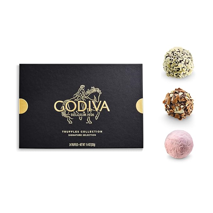 Godiva Signature Truffle Gift Box, Belgian Dark and Milk Chocolates with Ganache Center, Gourmet Gift for Birthdays, Holidays, Non-GMO & Kosher, 24 Pc