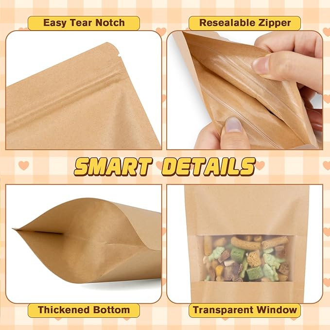 50 Pack Zip Lock Bags, Reusable Snack Bags with Window, Cookie Bags for Pastry, Herbs, Jerky, Spices, Soap, Pet, Gifts, Resealable Baggies for Small Business, Farm Stand Supplies
