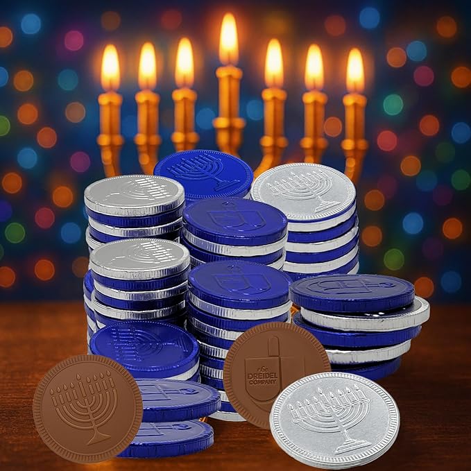 The Dreidel Company Blue & Silver Hanukkah Milk Chocolate Coins, Hanukkah Design Gelt, Gluten Free, Non GMO, Kosher Certified OU-D (500-Pack)