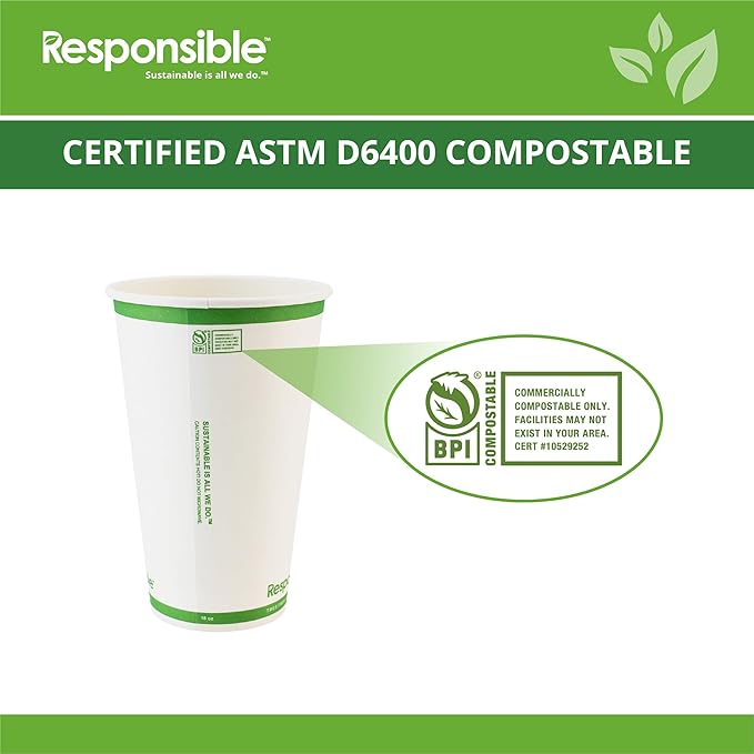 Certified Compostable 16 oz Paper Cups, Cold ＆ Hot Coffee Cups, Disposable Paper Cups, Extra Strength Disposable Cups, Made without PFAS (50 count)
