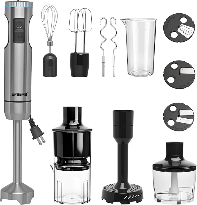 Handheld Immersion Blender, 1000W Powerful 10-in-1 Set for Smoothies,Orange Juicer, Egg Beater, Dough Hook, Vegetable Chopper, Potato Masher (11th Accessory Not Recommended)