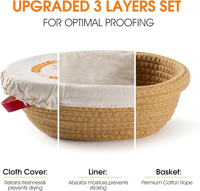 Cotton Rope Banneton Bread Proofing Basket Set - Includes handmade oval and round bread baskets with liners and covers. Ideal for sourdough bread baking supplies and starters