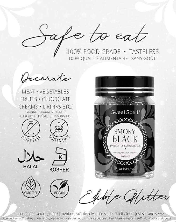 Sweet Spell Edible Glitter (15g) - Shimmer Sparkles for Drinks, Cakes, Cocktails - 100% Edible & Food Grade Glitter, Vegan, Gluten-Free (Black)