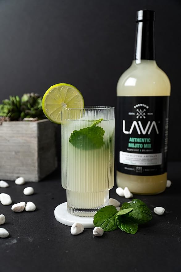 LAVA Premium Authentic Mojito Mix, Made with Real Lime Juice, Mojito Mint, Spearmint, Demerara, Cane Sugar, Refreshing Rum Mojito Mixer. Ready to Use. 1-Liter (33.8oz) Glass Bottle