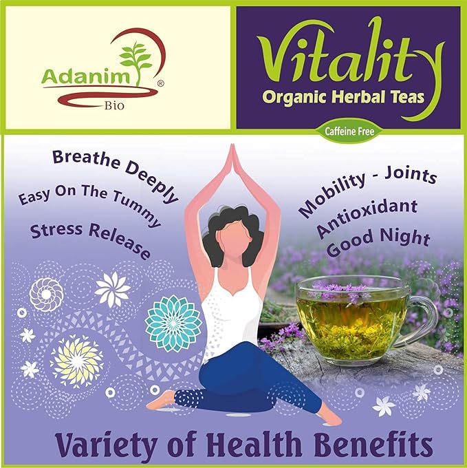 Adanim Bio Vitality Organic Tea Sampler Gift Set Box (8 Flavors Herbal Tea Variety Pack, 64 Individual Tea Bags) Caffeine Free Tea Sets, Assorted Tea Set, Tea Gifts for Tea Lovers