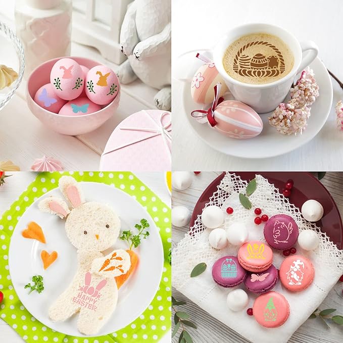 JULBEAR Easter Cookie Stencils, 36Pcs Reusable Eggs Bunny Cookie Coffee Stencils Templates Mold Tools for Cookies Baking Painting Dessert Coffee Decoration Easter Party Supplies