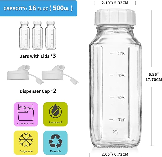 Glass Juice Bottles with Lids, 3 Pack Clear Glass Water Bottles w 2 Pour Spouts, 16 Oz Reusable Milk Jug w 100% Airtight Cap and Scale for Juicing Containers, Breast Milk Storage, Drinking Jar