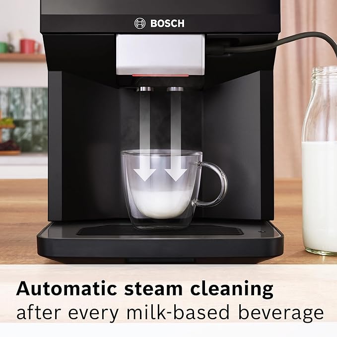 Bosch 500 Series Fully Automatic Espresso and Coffee Machine – Touch Control Panel, Milk Hose, Ceramic Grinder, Uses Beans & Ground Coffee, 9 One-Touch Drinks, in Black TPU40109