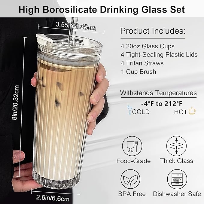 WERTIOO 20 Oz Ribbed Glass Tumblers with Straw and Lid, Glassware Drinking Glasses Set of 4, Leak Proof Ice Coffee Cups Reusable, Thickened Glass, Ideal for Iced Coffee, Smoothies and Juices