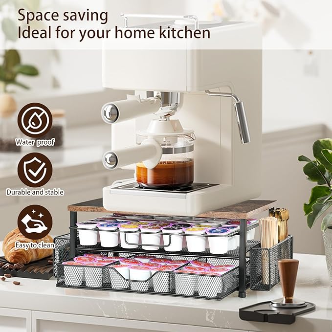 Spacrea K Cup Holder Organizer, Coffee Pod Holder for Countertop with 2 Tier Sliding Storage Drawer and Coffee Accessories Holder, 63 Large Capacity or 80 Small Capsules, Home Kitchen