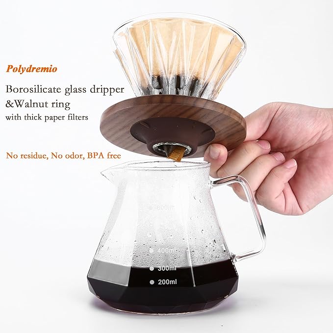 Pour Over Coffee Maker, 20 oz Borosilicate Glass Carafe with 100 pcs Size 02 Paper Filter, Walnut Handle & Glass Lid, 600 ml, Clear