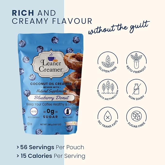 Leaner Creamer Coconut Creamer with Superfood Ingredients – Non-Dairy, Sugar-Free, Keto, Gluten-Free Powdered Coffee Creamer – Blueberry Donut – 280g