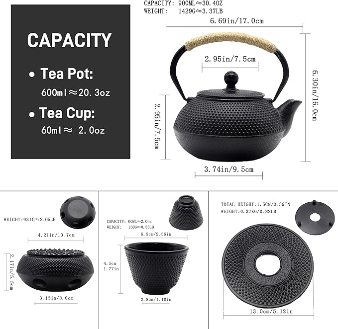 Japanese Tetsubin Tea Kettle Set with Cups, Cast Iron Teapot with Stainless Steel Infuser and Enameled Interior (900ml)