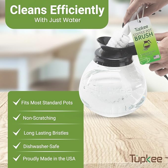 Tupkee Coffee Pot Cleaning Brush – Non Scratching, Long Lasting Bristles, Curved Coffee Decanter Cleaning Brush - Great for Offices and Restaurants