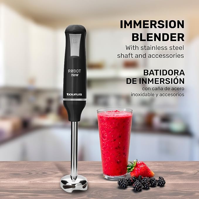 TAURUS ROBOT 500 INOX COMPLETE | Immersion Blender 500 W | Stainless Steel | Detachable Rod | Turbo Rotation System | Pulse Control | Ergonomic and Anti-Splash | Accessories included