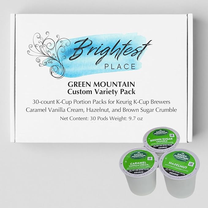 30-count K-Cup portion packs for Keurig K-Cup Brewers Variety with Green Mountain Flavors Caramel Vanilla Cream, Hazelnut, and Brown Sugar Crumble Packaged by Brightest Place