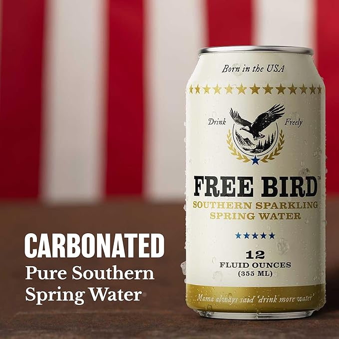 Free Bird Southern Sparkling Spring Water - 12 Pack, 12oz Cans, Zero Calories, Unflavored Carbonated, Crisp & Bubbly, Blue Ridge Mountain, Shelf-Stable Sparkling Drink