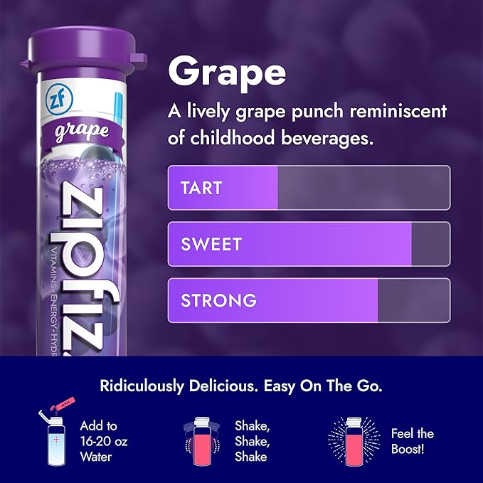 Zipfizz Daily Energy Drink Powder, Grape, 12 Pack | 3-in-1 Sustained Energy, Rapid Hydration, and Essential Vitamins | Sugar-Free | Electrolyte Powder | Contains Vitamin B-12 & Antioxidants